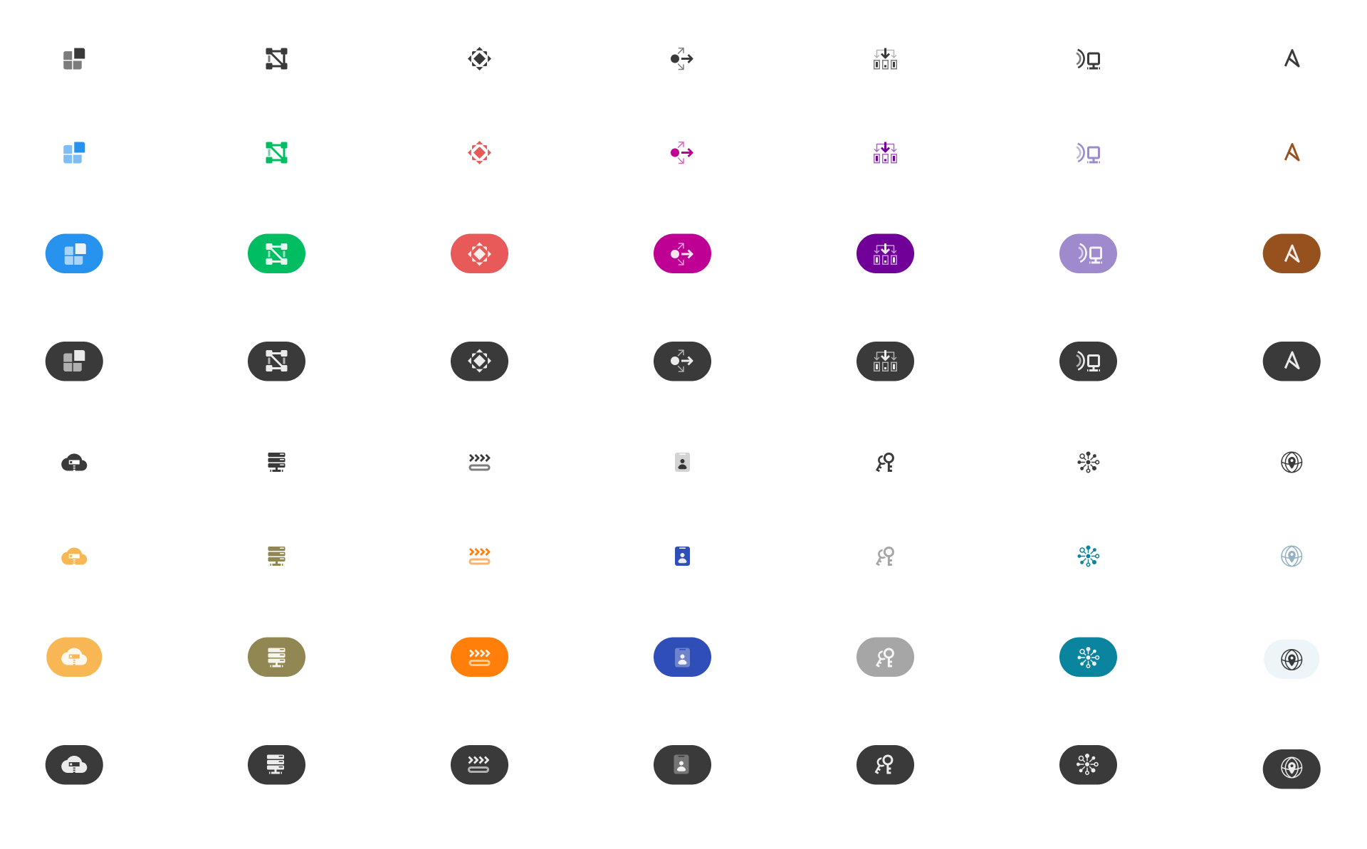 Several icons created for the C6 Bank design system for different infrastructure entities in several modes: only grays, colorful over white, colorful over black, and white over colorful backgrounds.